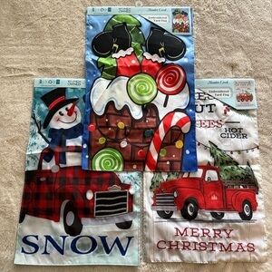 NWT Bundle of three Meadow Creek embroidered two-sided holiday yard flags